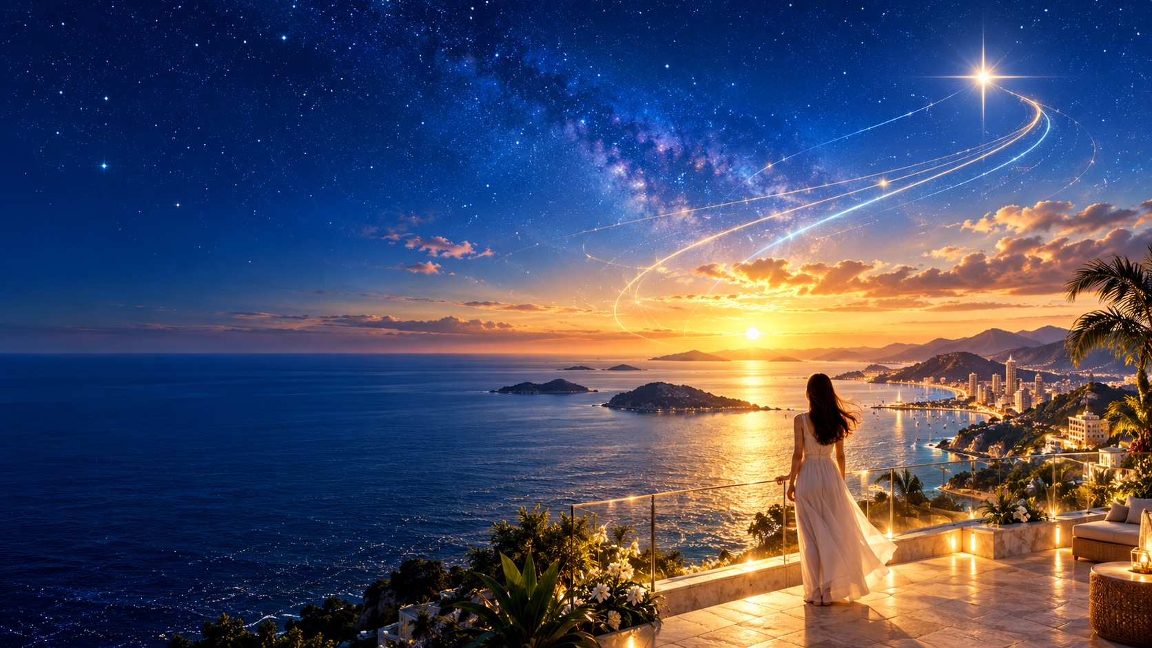 青い星空と黄金の海、島や街の広がる地平線を見つめる人物の後ろ姿。光の軌道は右上の星へ続く。